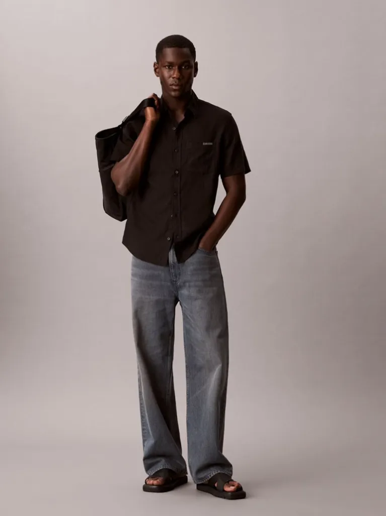 Ανδρικό Λινό Κοντομάνικο Πουκάμισο Μαύρο Calvin Klein LV04RF120G-UB1