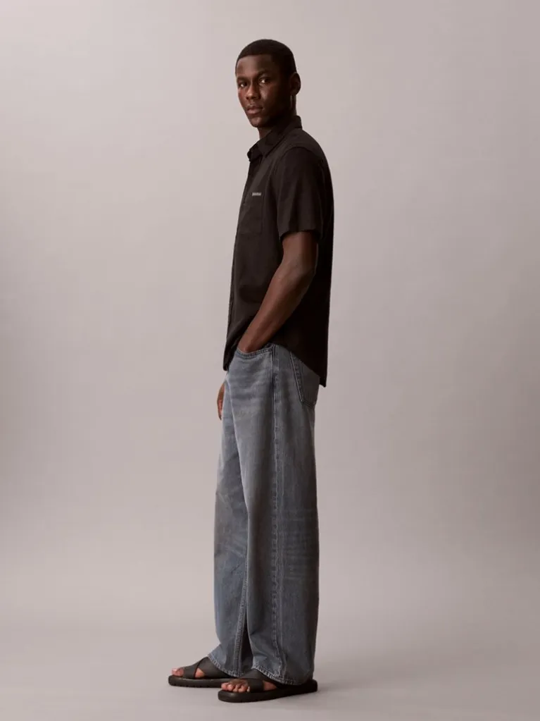 Ανδρικό Λινό Κοντομάνικο Πουκάμισο Μαύρο Calvin Klein LV04RF120G-UB1
