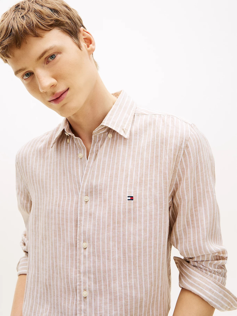 Ανδρικό Λινό Ριγέ Πουκάμισο Μπεζ Tommy Hilfiger MW0MW42400-0BK