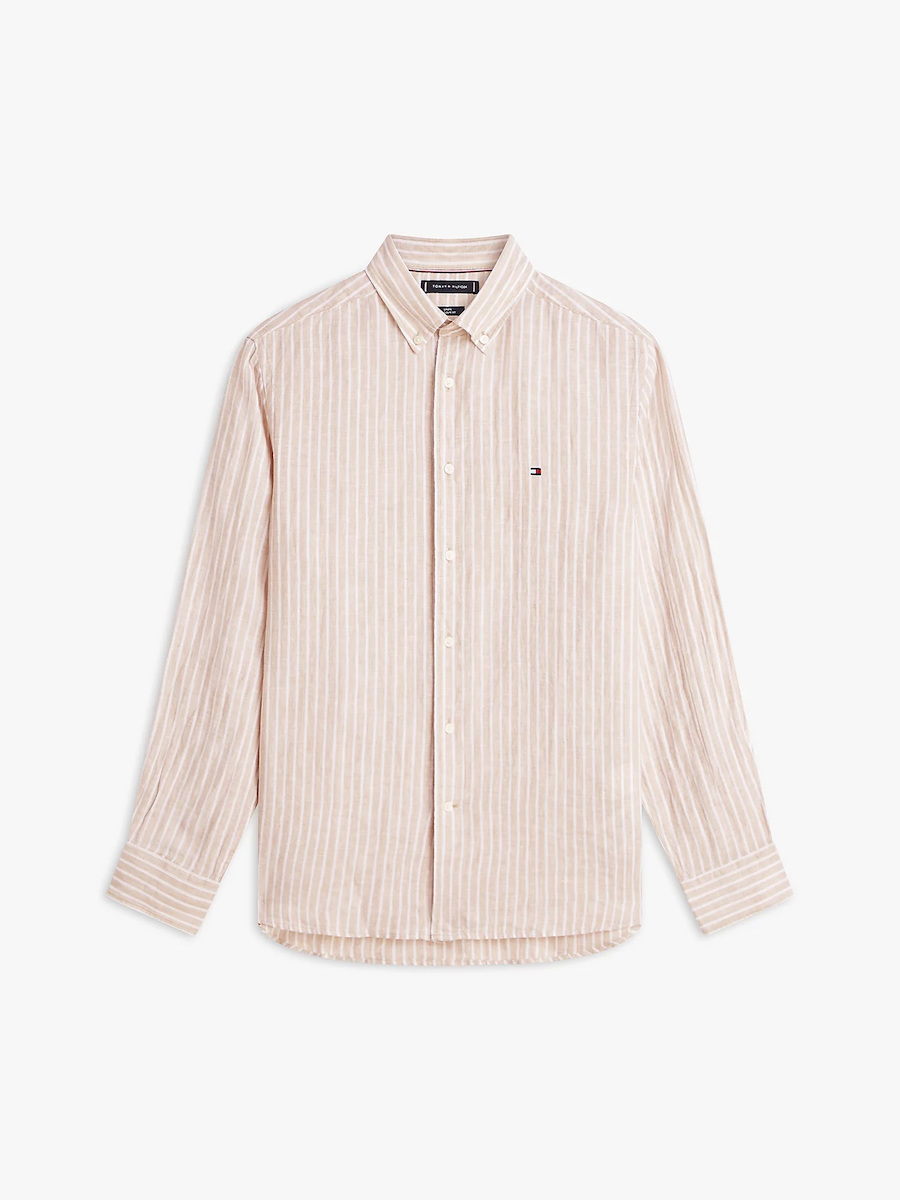 Ανδρικό Λινό Ριγέ Πουκάμισο Μπεζ Tommy Hilfiger MW0MW42400-0BK