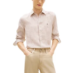 Ανδρικό Λινό Ριγέ Πουκάμισο Μπεζ Tommy Hilfiger MW0MW42400-0BK